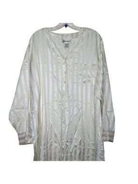 Vintage Cacique Womens White Striped Satin Long Nightgown L Button Front Pocket